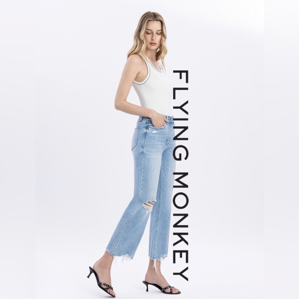 Flying Monkey Light Wash High Rise Distressed Cropped Slim Wide Leg Jeans